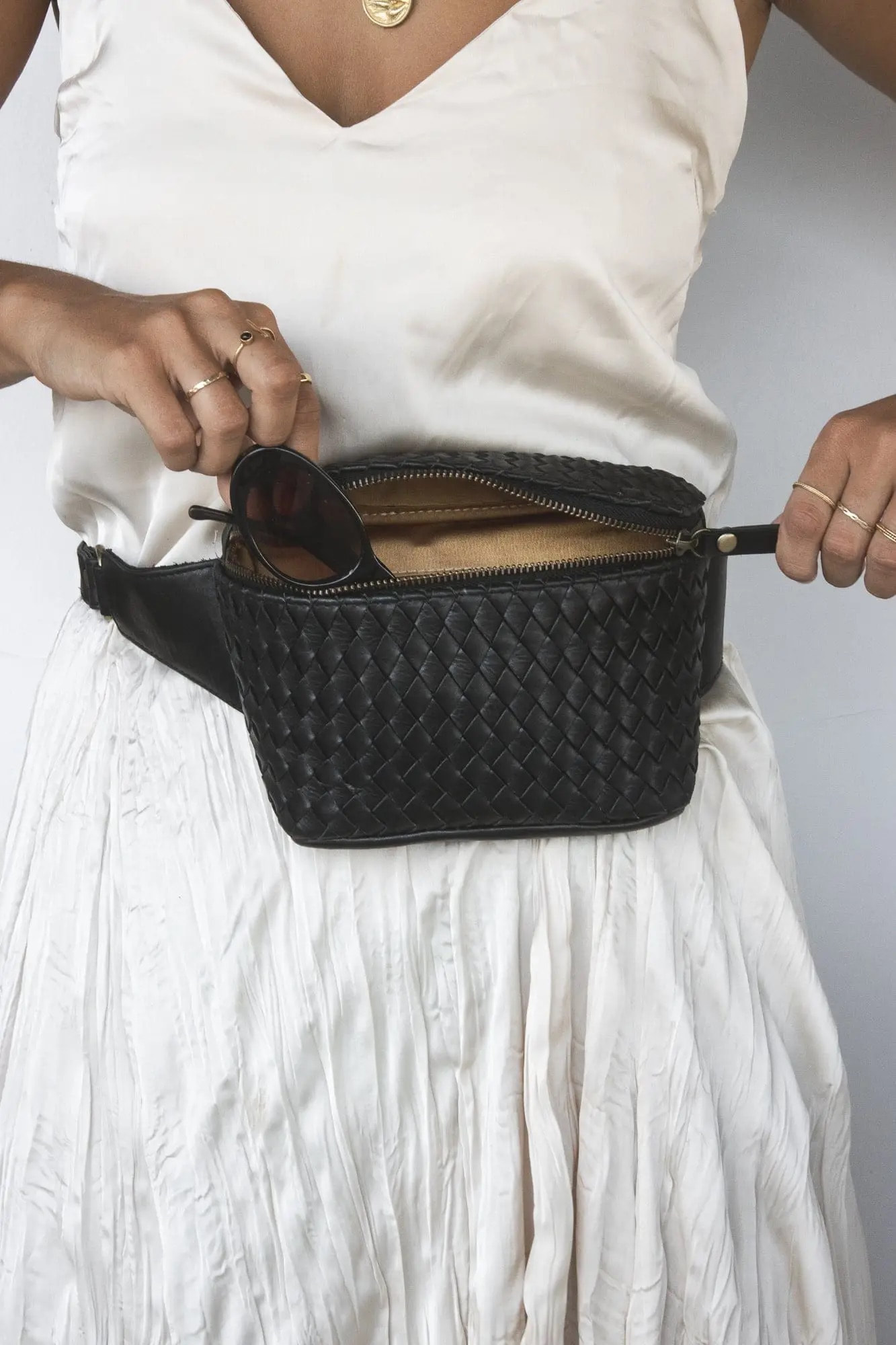 MANDRN  The Woven Remy- Black Leather Fanny Pack